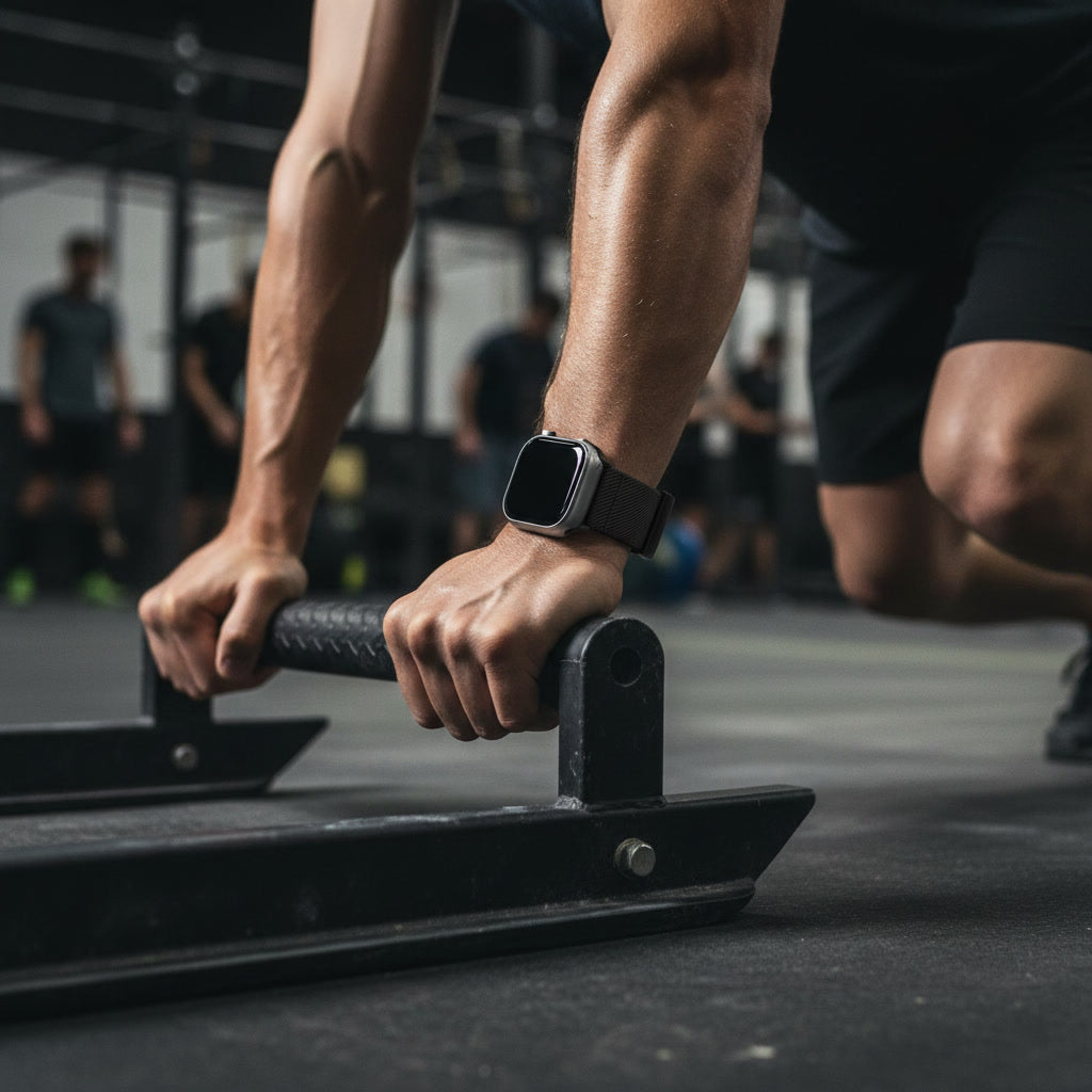 Atleet duwt sled tijdens Hyrox met Comboband om pols
