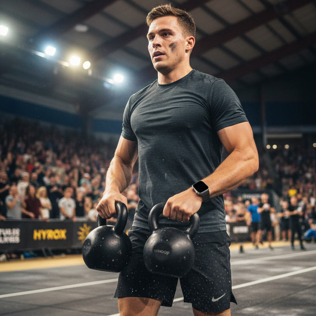 Hyrox atleet draagt kettlebells met Apple Watch en WHOOP band